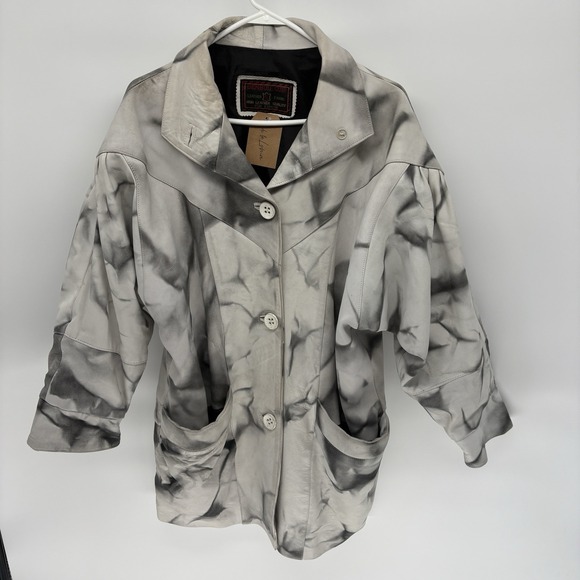 Vintage 80s Benbou Cuir White Marble Leather Chore Jacket Button Up Women XL